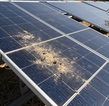 Side-by-side comparison of a dirty solar panel and the same panel gleaming after professional cleaning.