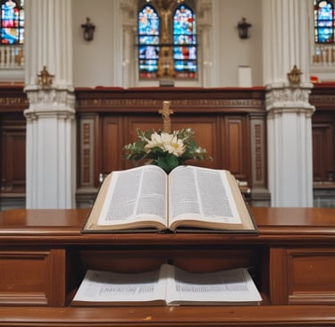 A serene arrangement of beautifully printed funeral order of service booklets resting on a wooden table.