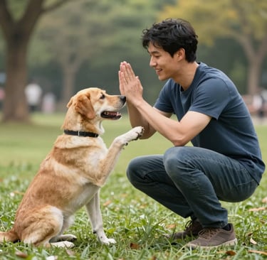 A joyful golden retriever sitting in a sunlit park with soft-focus greenery in the background.