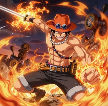 Vibrant anime scene featuring Luffy from One Piece ready for battle with his iconic straw hat and fiery background.