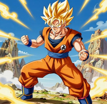 Dynamic illustration of Goku from Dragon Ball powering up with glowing red and black energy swirling around him.
