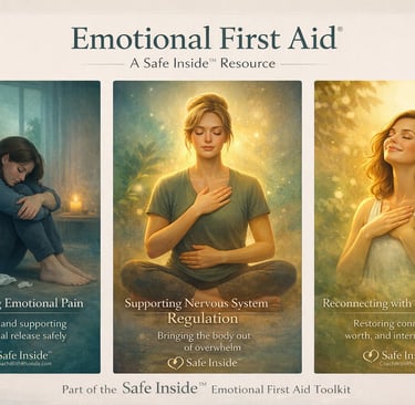 A three-part Safe Inside emotional first aid visual showing the progression from emotional pain to n