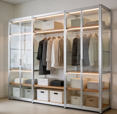 Sleek industrial-chic glass-fronted wardrobe with aluminum framing, LED strip lighting, wooden shelv