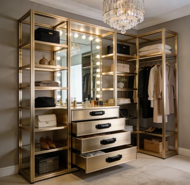 DIY aluminum profile furniture wardrobe frame in a modern bedroom, featuring adjustable shelves and