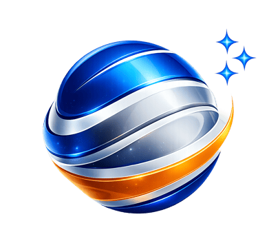A vibrant 3D sphere logo, blue, white, and orange, with sparkling stars, against a sleek black background.