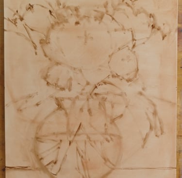 A sepia-toned oil paint sketch of a floral bouquet in a round vase on a canvas.