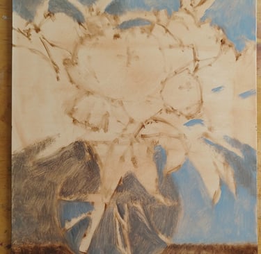 Underpainting for a floral still life on canvas with a blue background and sketched flowers.