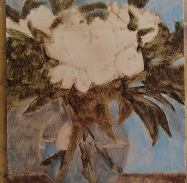 Impressionist oil painting of white flowers in a glass vase with expressive brushstrokes.