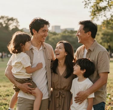 A warm and reassuring portrait of a family laughing together in a Burlington park, North American setting, soft medium brown and cream tones, late afternoon golden hour lighting, professional high-quality photography.