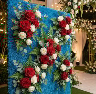blue artificial rental turf as a backdrop for wedding flowers boca raton