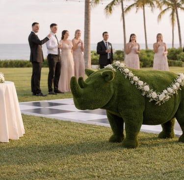 Artificial turf rhino sculpture at a wedding in boca raton
