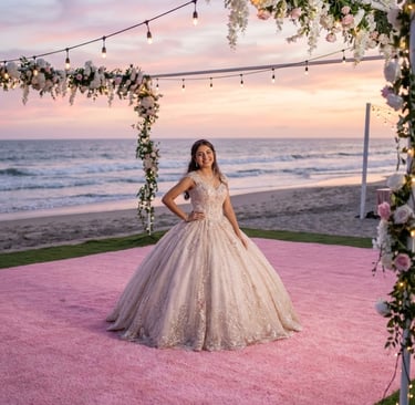 Quinceañera on hollywood beach, FL with pink artificial turf 