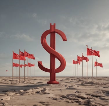 A red and yellow flag on a pole in front of a building