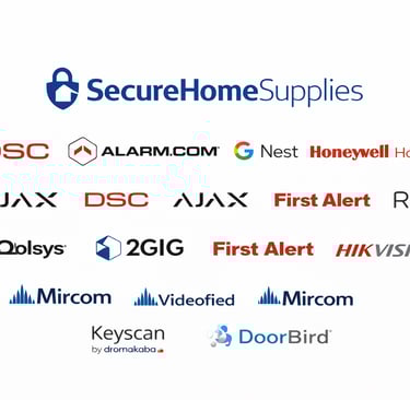 SecureHomeSupplies trusted security brands including DSC, Alarm.com, Google Nest, Honeywell Home, Ajax, Ring, and Qolsys