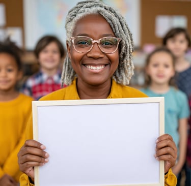 Image of a smiling brown teacher holding a white board with blurry students behind her.