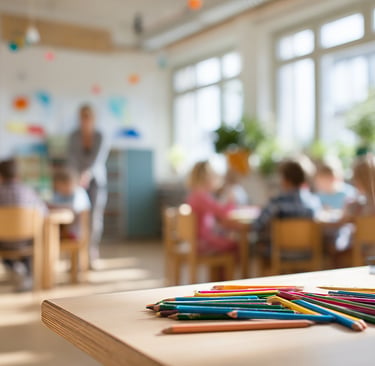 blurry classroom in the back with students and teacher. Pencils clearly in the foreground on a table
