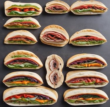 Close-up of a golden, crispy pratawrap freshly heated on a rustic wooden plate.