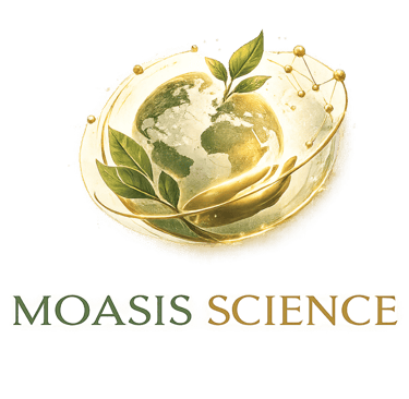 Logo da Moasis Science, um globo terrestre dourado brilhante com folhas verdes e estruturas molecula