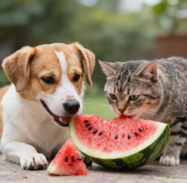 A joyful dog and a curious cat playing together in a sunny garden.