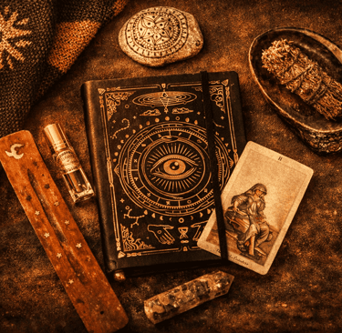 Vista cenital de objetos místicos que incluyen una carta del tarot, un cuaderno celestial...