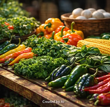 Fresh vegetables at a farmer's market — colorful bell peppers, chili peppers, corn, mushrooms, and leafy greens on wood
