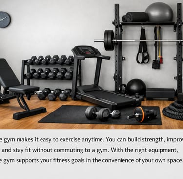 Organized home gym setup in a bright room featuring a treadmill, adjustable weight bench, dumbbell rack, etc