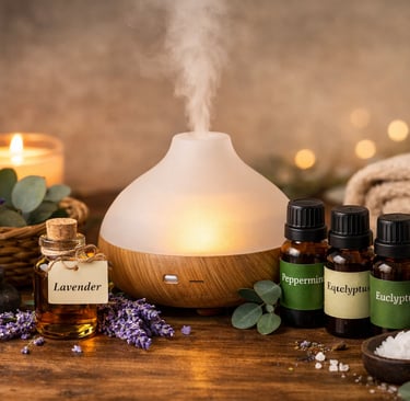 Frosted glass essential oil diffuser glowing and misting on a wooden surface beside labeled lavender, peppermint