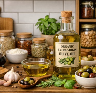 Organic extra virgin olive oil bottle on a rustic kitchen counter surrounded by olives, herbs, bread, and pantry jars