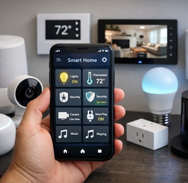 Smartphone displaying a smart home control app surrounded by connected devices including a smart speaker, security camera