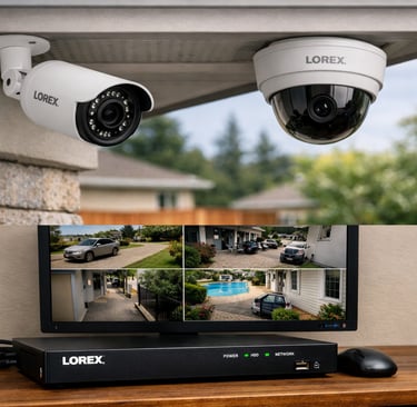 Lorex PoE outdoor bullet and dome security cameras mounted under house eaves with DVR and live four-camera monitor feed