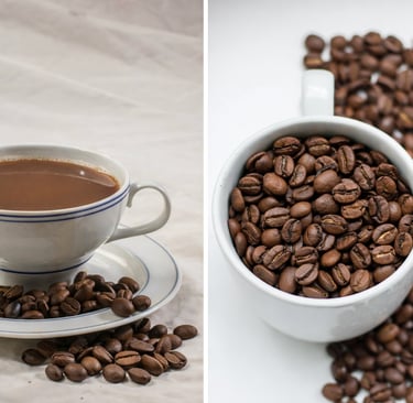 “Side‑by‑side image showing a cup of brewed coffee with scattered beans on the left and a cup filled with roasted coffee bean
