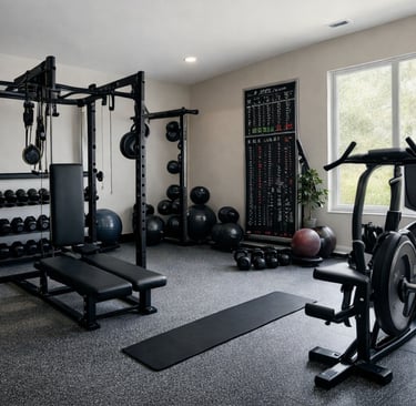 Modern home gym with black power rack, adjustable bench, dumbbells, stationary bike, and kettle bells arranged 