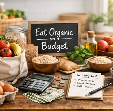 Organic eating on a budget setup featuring fresh produce, pantry staples, a grocery list, and a calculator arranged