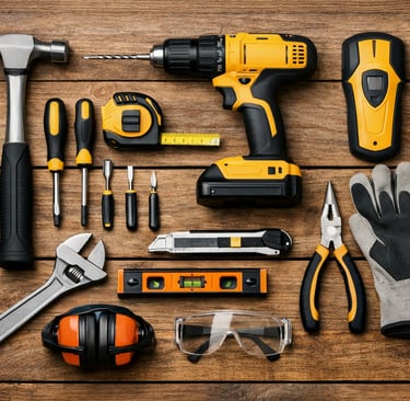 Ten essential DIY home tools neatly arranged on a wooden surface
