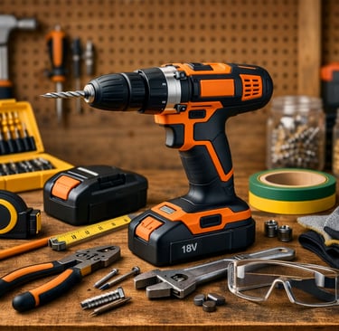 Beginner‑friendly cordless drill setup on a wooden workbench, featuring an orange and black cordless drill, drill bits