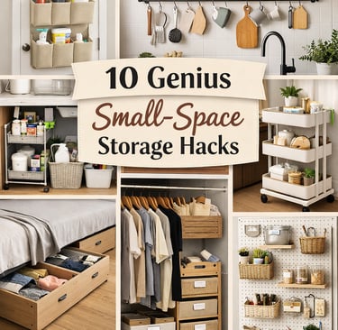 Collage of six small‑space storage ideas including an over‑door organizer with cleaning supplies, floating kitchen shelves