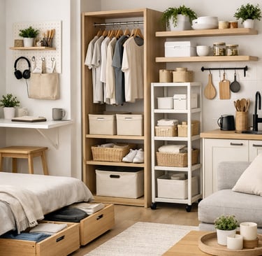 Minimalist small‑apartment storage setup featuring a floating desk with a pegboard organizer, an open wardrobe