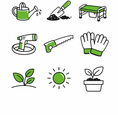 Minimalist outdoor and garden icon set featuring watering can, trowel, garden kneeler,