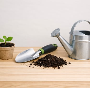 Minimalist backyard gardening scene with a small potted plant, soil, trowel,