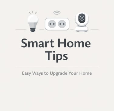 Minimalist graphic featuring three smart home icons — a smart light bulb, a smart plug with a Wi‑Fi symbol, camera