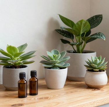 A cozy corner with a diffuser releasing aromatic mist beside a journal and a cup of herbal tea.