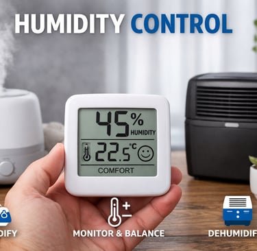 Digital hygrometer shows 45% humidity and 22.5°C temperature placed between a humidifier and dehumidifier 
