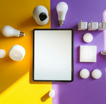 A flat‑lay arrangement of smart home devices placed around a tablet with a blank screen, displayed on a split yellow