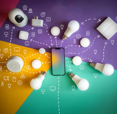 A smartphone surrounded by smart home devices 