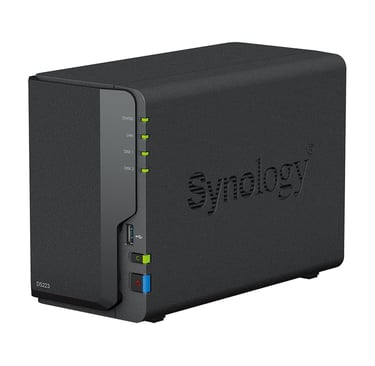 Synology DS223 two-bay NAS device in matte black with LED status indicators — compact private cloud storage for home use