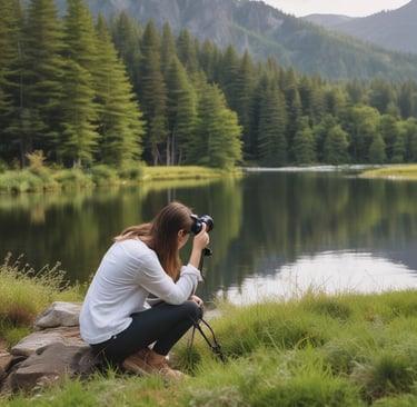 a woman taking a picture of a mountain range