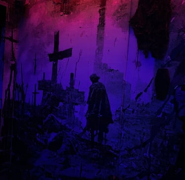 Dark gothic wall art mural with crosses and a silhouette under red and purple neon lighting.