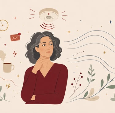 Illustration d’une femme à la ménopause dont le système de stress reste en alerte, entre sollicitati