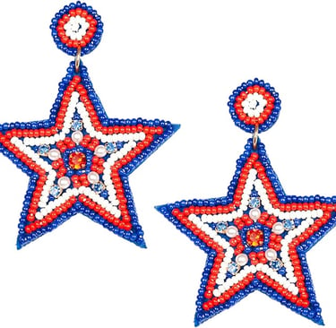 Handmade red white and blue beaded star earrings featuring patriotic fourth of July jewelry accents.