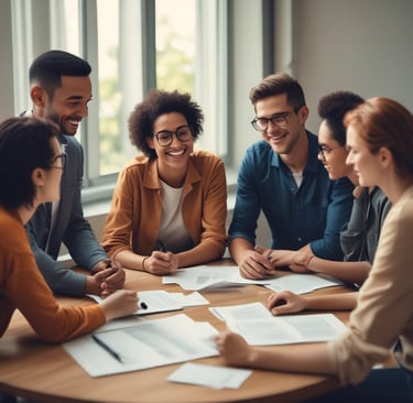 a group of people sitting around a table with papers and papers